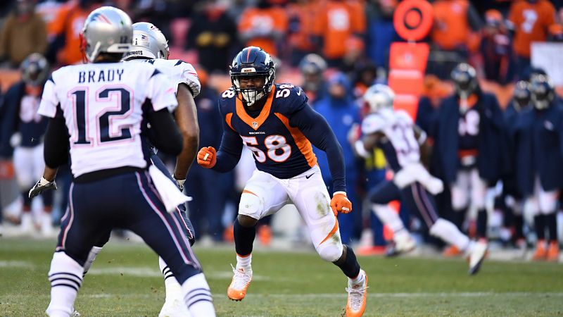 New England Patriots quarterback Tom Brady and Denver Broncos linebacker Von Miller