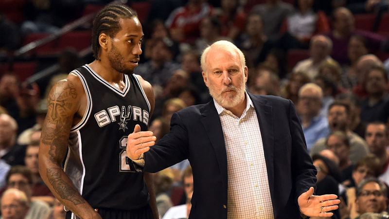 San Antonio Spurs forward Kawhi Leonard and head coach Gregg Popovich