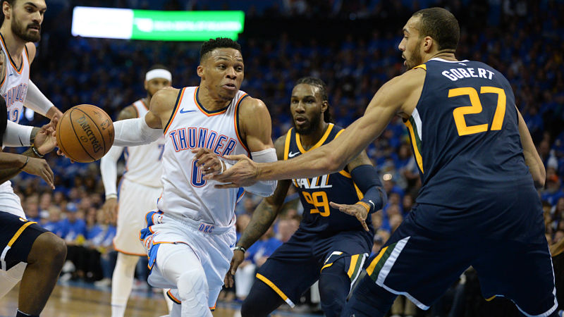 Oklahoma City Thunder guard Russell Westbrook and Utah Jazz forward Rudy Gobert
