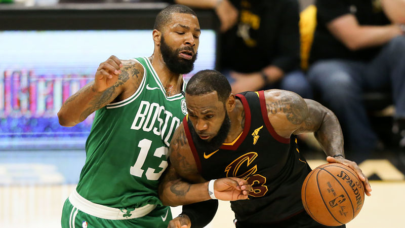 Boston Celtics forward Marcus Morris and Cleveland Cavaliers forward LeBron James