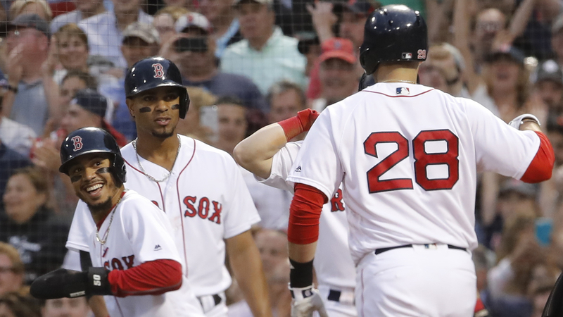 Boston Red Sox's J.D. Martinez, Mookie Betts and Xander Bogaerts
