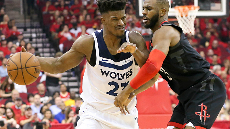 Minnesota Timberwolves guard Jimmy Butler (23) and Houston Rockets guard Chris Paul
