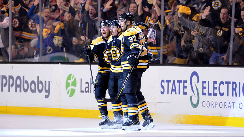 Boston Bruins forwards David Pastrnak, Brad Marchand and Patrice Bergeron