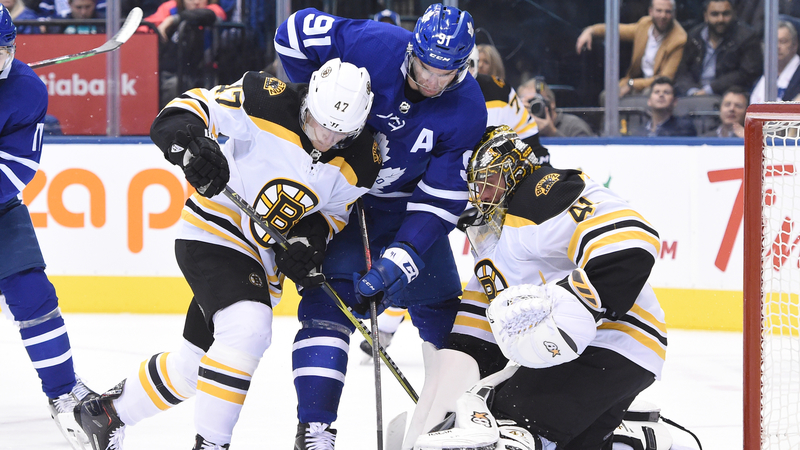 Boston Bruins' Torey Krug And Jaroslav Halak And Toronto Maple Leafs' John Tavares