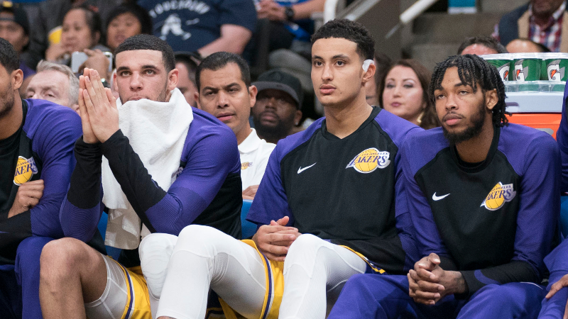 Los Angeles Lakers guard Lonzo Ball (left), forward Kyle Kuzma (middle), forward Brandon Ingram (right)