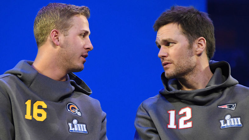 Los Angeles Rams quarterback Jared Goff and New England Patriots quarterback Tom Brady