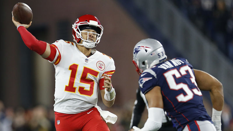 Kansas City Chiefs quarterback Patrick Mahomes and New England Patriots linebacker Kyle Van Noy