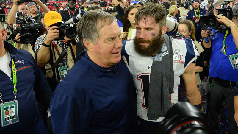 New England Patriots wide receiver Julian Edelman and head coach Bill Belichick