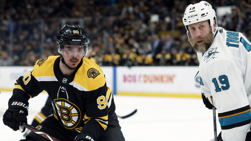 Boston Bruins Winger Marcus Johansson And San Jose Sharks Center Joe Thornton