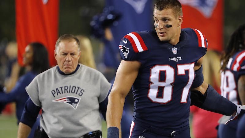 New England Patriots head coach Bill Belichick, and Rob Gronkowski