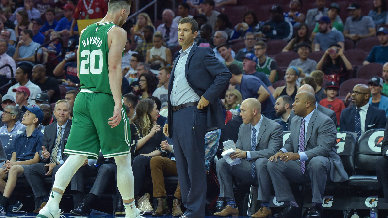 Boston Celtics head coach Brad Stevens and forward Gordon Hayward (20)