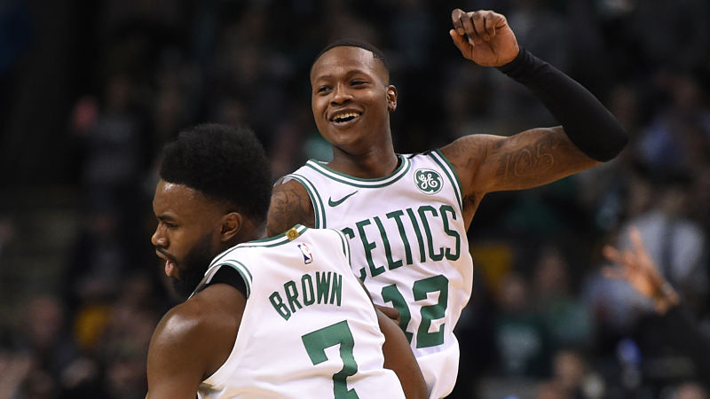 Boston Celtics guards Terry Rozier and Jaylen Brown