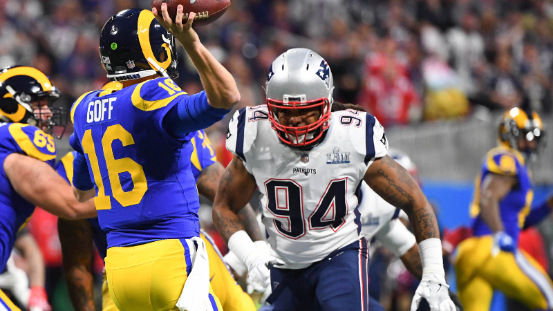 Los Angeles Rams quarterback Jared Goff (16) and NFL defensive end Adrian Clayborn