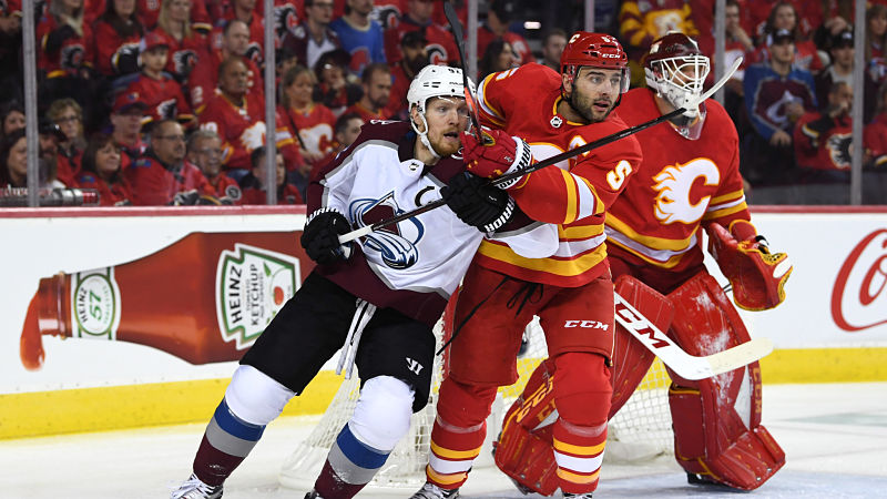 Colorado Avalanche forward Gabriel Landeskog and Calgary Flames defenseman Mark Giordano