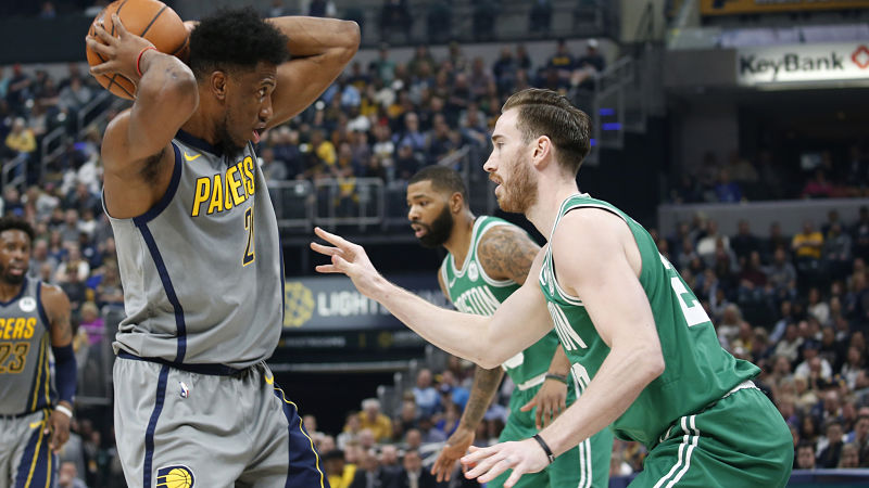 Boston Celtics forward Gordon Hayward and Indiana Pacers forward Thaddeus Young