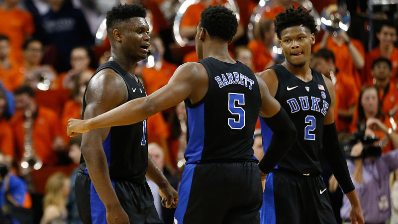 Duke Blue Devils forwards Zion Williamson, RJ Barrett and Cam Reddish