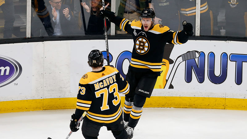 Boston Bruins center Charlie Coyle and defenseman Charlie McAvoy