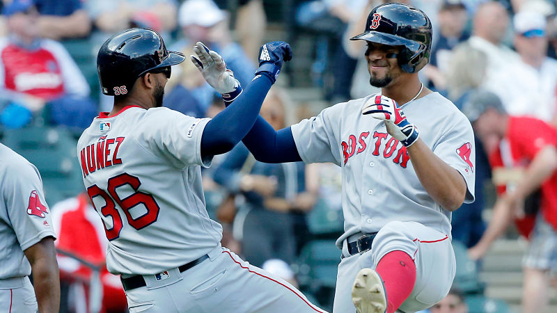 Boston Red Sox second baseman Eduardo Nunez and shortstop Xander Bogaerts