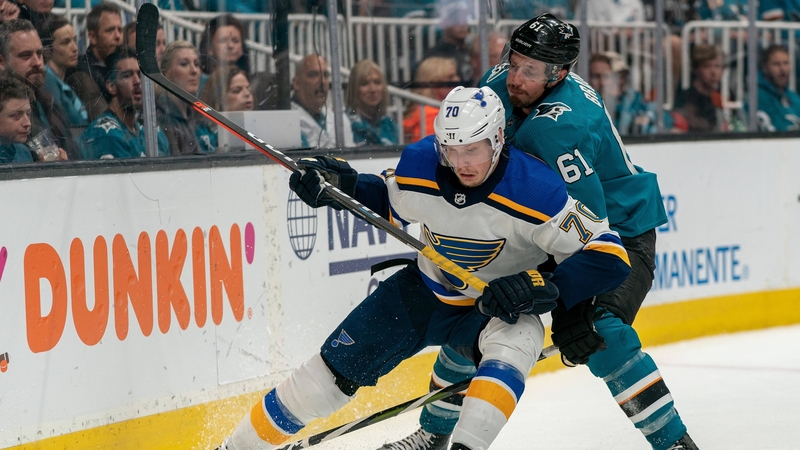 St. Louis Blues Center Oskar Sundqvist And San Jose Sharks Defenseman Justin Braun