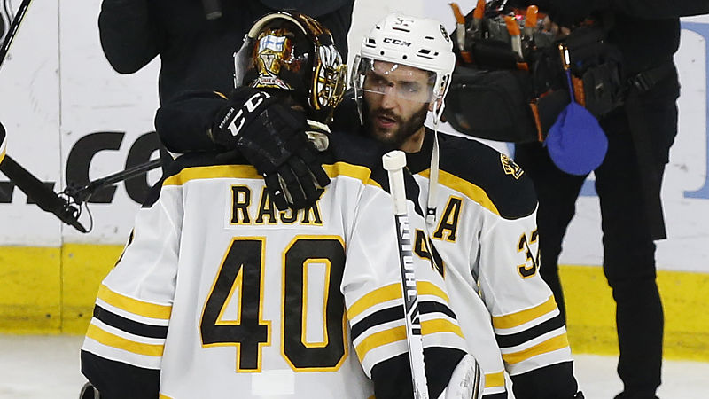 Boston Bruins goalie Tuukka Rask and center Patrice Bergeron