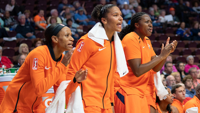 CT Sun forwards Shekinna Stricklen (right), Alyssa Thomas (center)