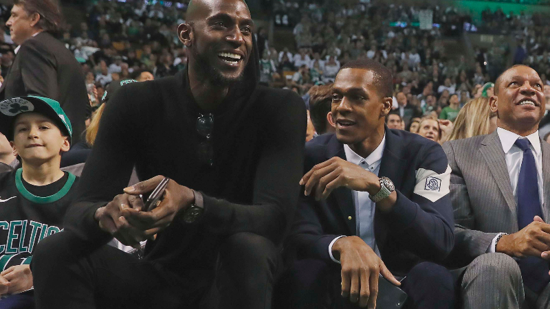 Former Boston Celtics Kevin Garnett (right) and Rajon Rondo