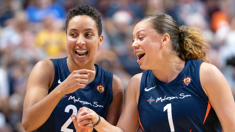 Connecticut Sun players Layshia Clarendon, Rachel Banham (right)