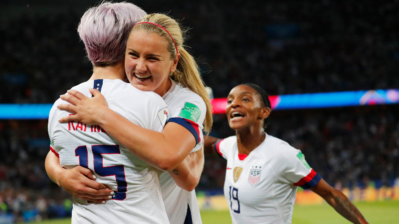 United States forward Megan Rapinoe (15), midfielder Lindsey Horan (9) and defender Crystal Dunn (19)