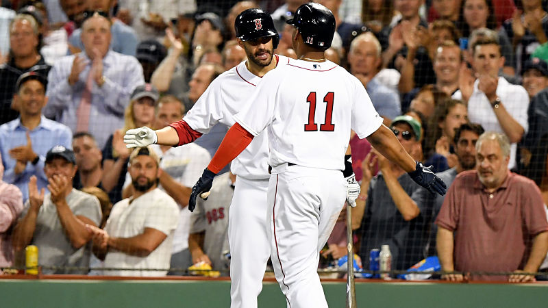 Boston Red Sox third baseman Rafael Devers and left fielder J.D. Martinez