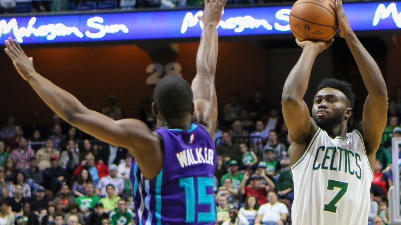 Boston Celtics forward Jaylen Brown (7) and guard Kemba Walker (15)