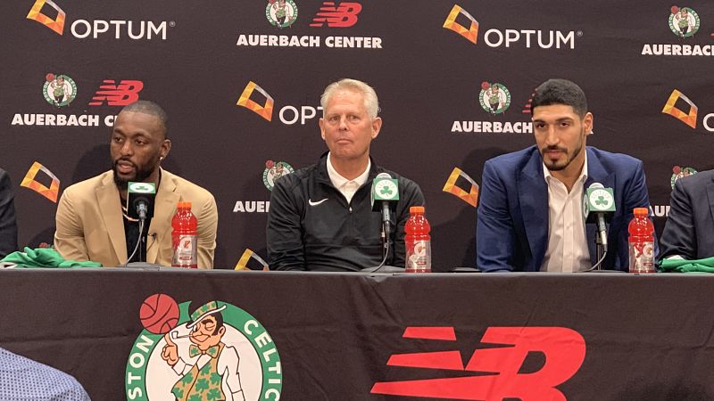 Boston Celtics guard Kemba Walker, president of basketball operations Danny Ainge and center Enes Kanter
