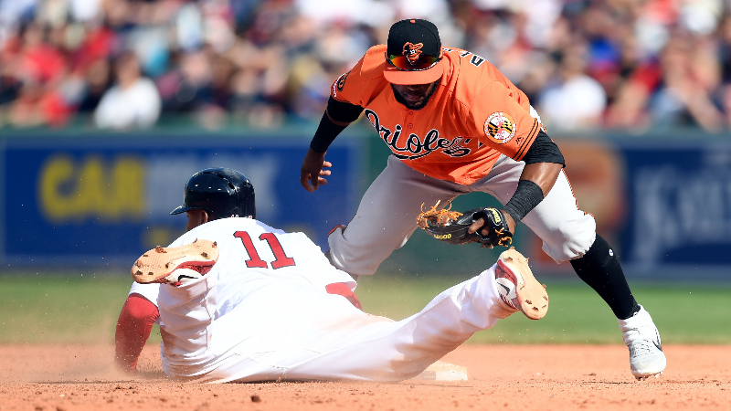 Boston Red Sox third baseman Rafael Devers (11) and Baltimore Orioles shortstop Hanser Alberto (57)