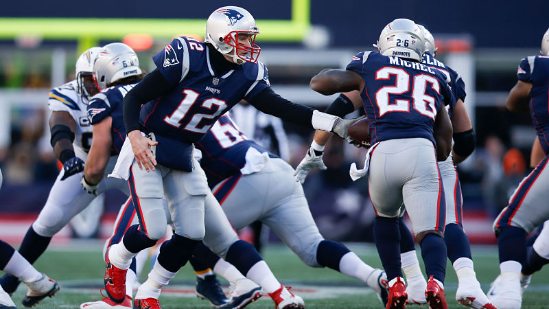 New England Patriots quarterback Tom Brady and running back Sony Michel