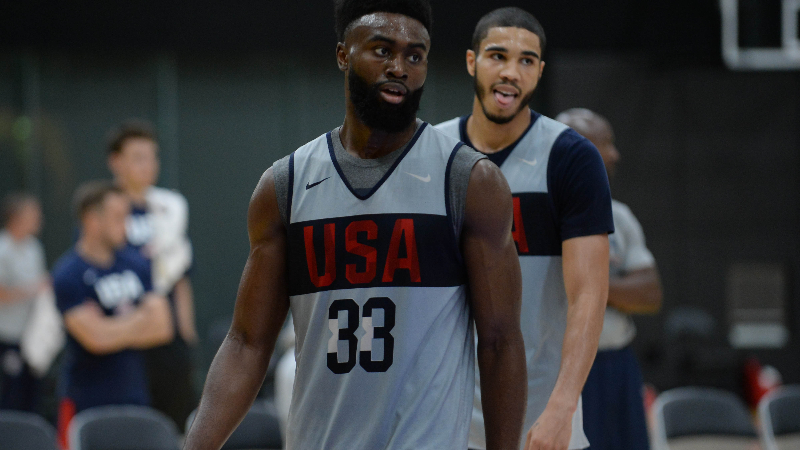 Boston Celtics and United States forwards Jaylen Brown (33) and Jayson Tatum