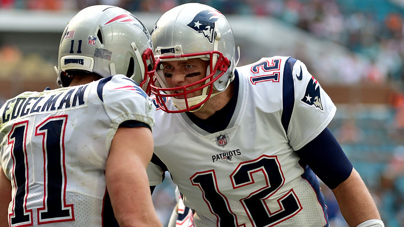 New England Patriots wide receiver Julian Edelman and quarterback Tom Brady