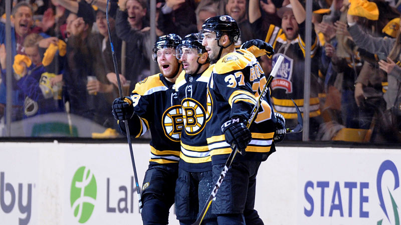 Boston Bruins David Pastrnak, Brad Marchand, Patrice Bergeron