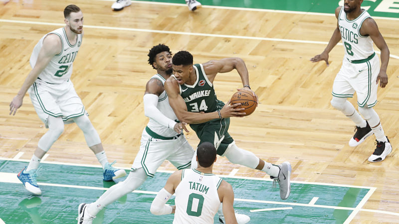 Milwaukee Bucks forward Giannis Antetokounmpo and Boston Celtics guard Marcus Smart