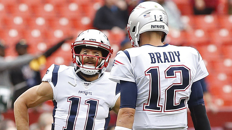 New England Patriots wide receiver Julian Edelman and quarterback Tom Brady