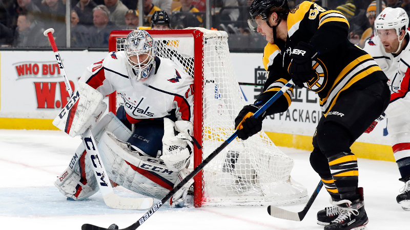Boston Bruins right wing David Pastrnak (88) and Washington Capitals goaltender Braden Holtby (70)