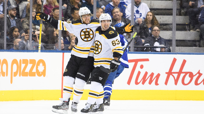Boston Bruins right wing David Pastrnak (88) and left wing Brad Marchand (63)