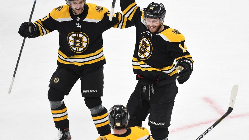 Boston Bruins right wing Chris Wagner (14) and left wing Anders Bjork (10) and defenseman Matt Grzelcyk (48)