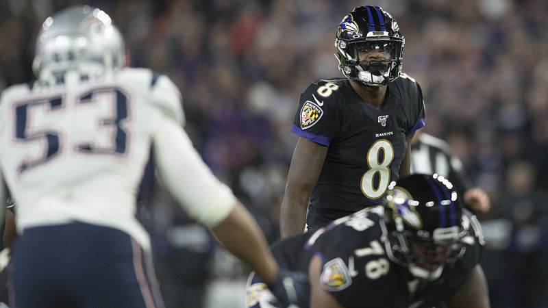 New England Patriots linebacker Kyle Van Noy and Baltimore Ravens quarterback Lamar Jackson