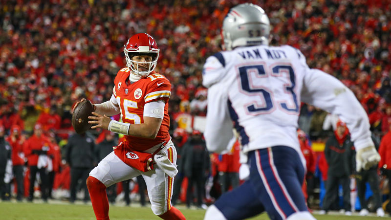 Kansas City Chiefs quarterback Patrick Mahomes and New England Patriots linebacker Kyle Van Noy