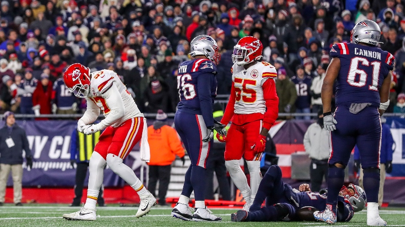 Kansas City Chiefs defensive end Alex Okafor (97) and New England Patriots quarterback Tom Brady (12)