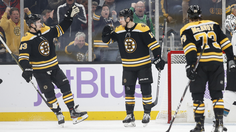 Boston Bruins' Danton Heinen, Charlie Coyle And Charlie McAvoy