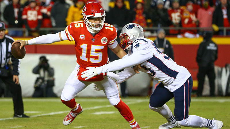 Kansas City Chiefs quarterback Patrick Mahomes and New England Patriots linebacker Kyle Van Noy