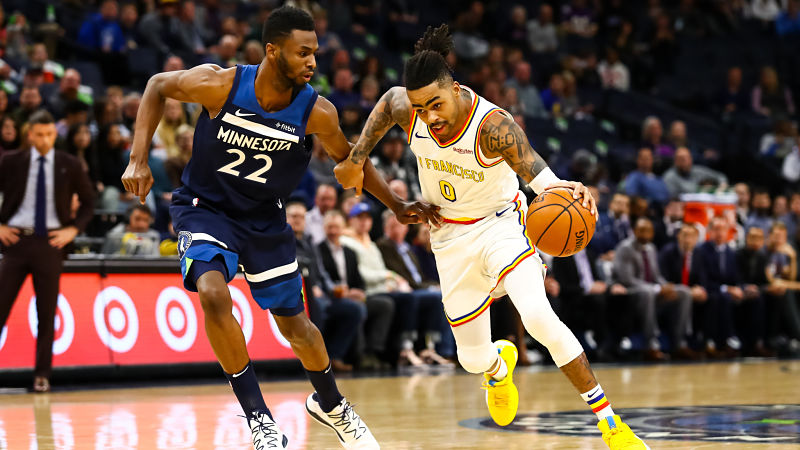 Golden State Warriors forward Andrew Wiggins and Minnesota Timberwolves guard D'Angelo Russell