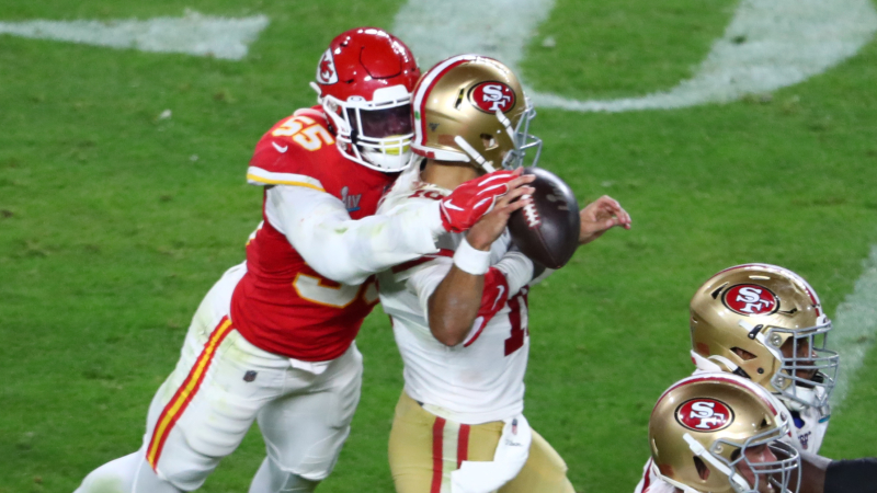 Kansas City Chiefs defensive end Frank Clark, San Francisco 49ers quarterback Jimmy Garoppolo