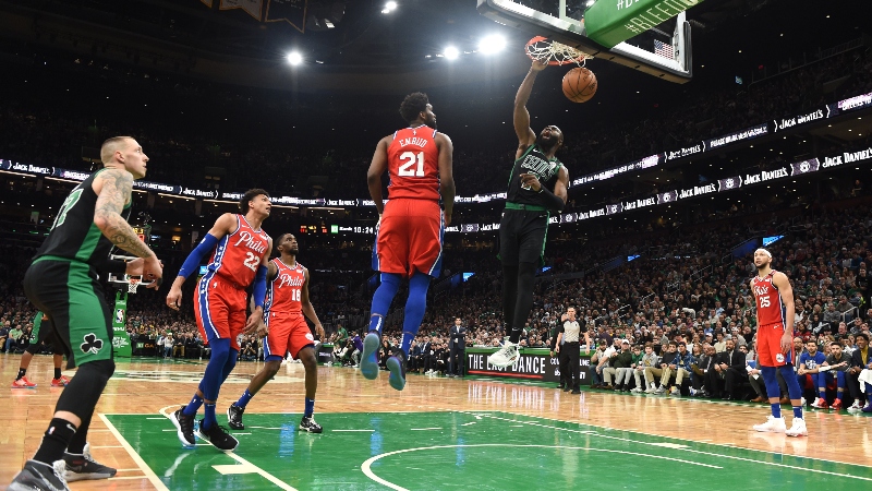 Boston Celtics guard Jaylen Brown (7) and Philadelphia 76ers center Joel Embiid(21)