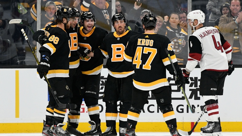 Boston Bruins center Patrice Bergeron (37), right wing David Pastrnak (88), left wing Brad Marchand (63), left wing Jake DeBrusk (74), and defenseman Torey Krug (47)